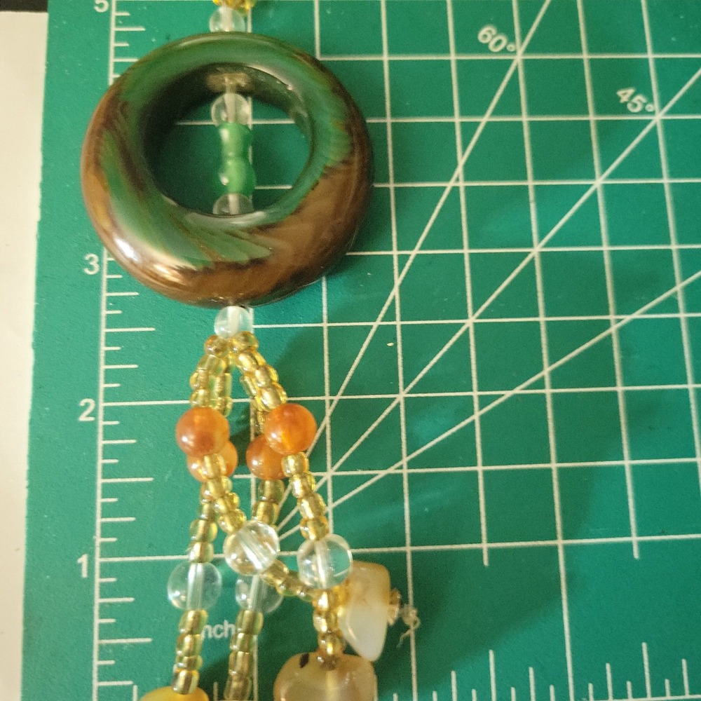 Long Beaded Tassel Necklace Green Resin Ring Stone Chips 26 Inch Goblincore - Picture 6 of 6